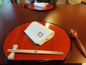 Monogrammed napkin at Tofuya Ukai in Tokyo