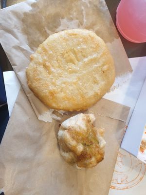 Potato cake ($2.50), fried dim sim ($2.50) at Pickles Milk Bar in Carlton North