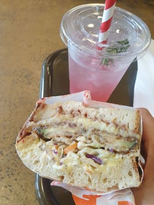 Polish schnitzel $16.00, Rhubarb lemonade $8.50 at Pickles Milk Bar in Carlton North