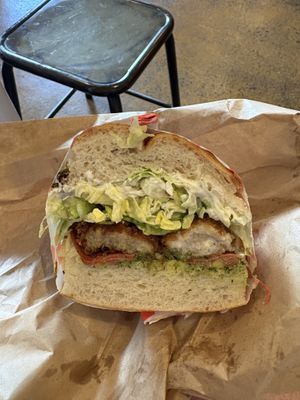 Chickn sandwich with fried enoki mushroom   at Pickles Milk Bar in Carlton North