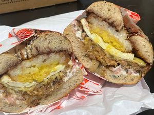 Everything bagel with sausage, cheese, hashbrown and onions  at Pickles Milk Bar in Carlton North