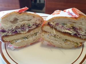 Hot honey situation: very tasty sauce w/schnitzel and cabbage on focaccia (yum!) at Pickles Milk Bar in Carlton North