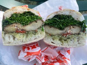 The Donatella. Good chicken seitan. Wasn’t a fan of the excess rocket and balsamic.  at Pickles Milk Bar in Carlton North