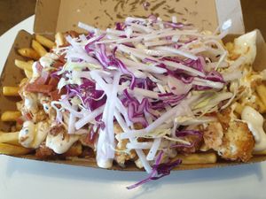 Hot honey loaded fries: nice skinny fries, huge serve, but prefer the sandwich at Pickles Milk Bar in Carlton North