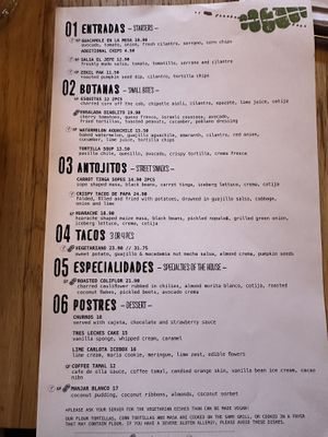 Vegetarian menu  at El Catrin Destileria in Toronto