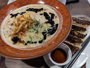 Miso ramen and veggie gyozas at VeJin Tokyo Vege Ramen  in Tokyo