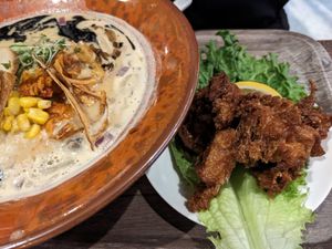 Miso ramen and karage at VeJin Tokyo Vege Ramen  in Tokyo