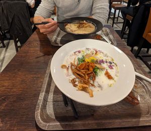 Closest is truffle flavour, furthest is the soy base. at VeJin Tokyo Vege Ramen  in Tokyo