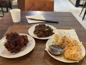 Fried chicken, fried spicy eggplant, and fried gyoza.  at VeJin Tokyo Vege Ramen  in Tokyo