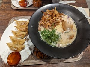 Vege soy sauce ramen and gyozas at VeJin Tokyo Vege Ramen  in Tokyo