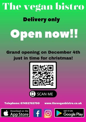 Visit us today for your delicious vegan delights 🍲🍰

We are available on the Playstore and Appstore or give us a call to place an order 🚚

www.theveganbistro.co.uk  at The Vegan Bistro in Wolverhampton