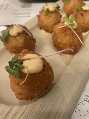 Close up of kimchi arancetti  at Verduritas in Malaga