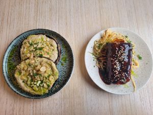 Stuffed Mushroom, Cashew Crumble, and Korean Fried Tofu, Kimchi Slaw at Freckled Angel in Menai Bridge