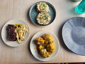 Korean Fried Tofu, Kimchi Slaw,  Stuffed Mushroom, Cashew Crumble and Crispy, Cauliflower, Katsu Sauce at Freckled Angel in Menai Bridge