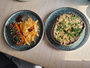 Korean Fried Tofu, Kimchi Slaw and Stuffed Mushroom, Cashew Crumble at Freckled Angel in Menai Bridge