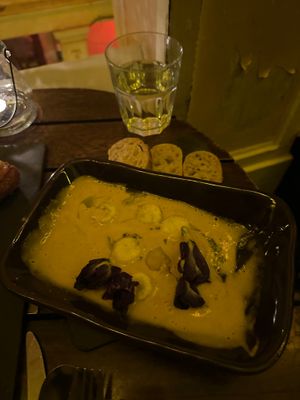 Yuca dumplings in coconut and pesto sauce.  at Alquímico in Cartagena