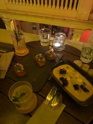 Yuca dumplings (vegan), deep fried local cheese with pineapple jam (veggie)  at Alquímico in Cartagena