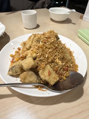 Deep fried king oyster mushrooms  at Veggienius in Taipei