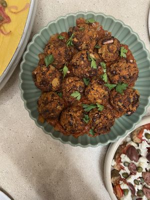 “Meatballs w/ tomato sauce  at SOYBIRD - Vegan Cooking Experience in Athens