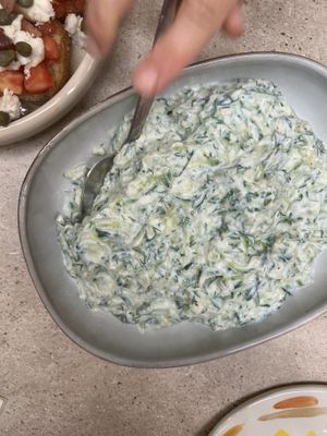 Titziki( sp?) yogurt sauce w/ cucumbers etc  at SOYBIRD - Vegan Cooking Experience in Athens