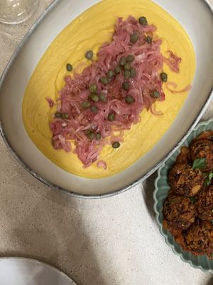 Fava bean dip w/ caramelized onions  at SOYBIRD - Vegan Cooking Experience in Athens