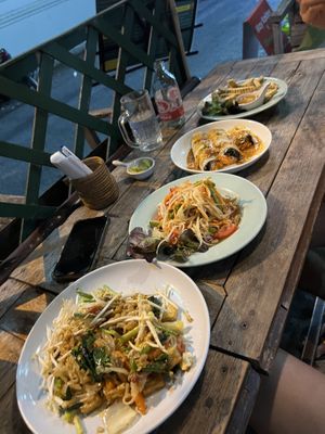 Pad Thai, Papaya Salad, Fresh rolls, Tofu satay.  at May Kaidee x Morning Glory Home Cookery School in Chiang Mai