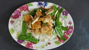 fried tofu, veggies and rice for 40 baht at Lee Jae Veg in Bangkok