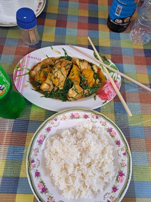 No idea what it was, but it was good.  Menu in thai at Lee Jae Veg in Bangkok