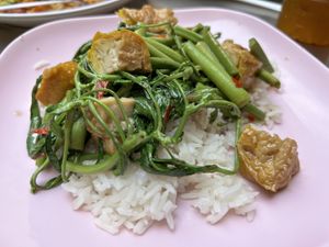 Morning glory with tofu  at Lee Jae Veg in Bangkok