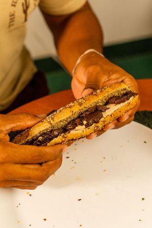 Vegan baguette with mushrooms and vegan cheese at Fauno in Natal