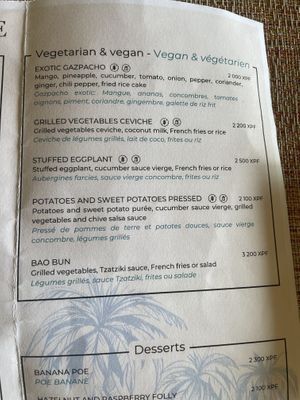 Vegan menu Nov 2023  at Tamure Beach Grill in Bora Bora