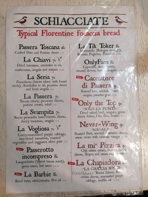 Menu at Schiaccia Passera in Florence