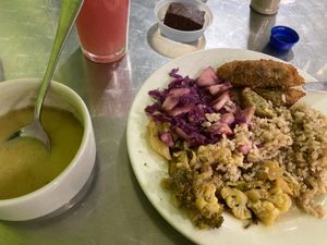 Plato del día. Good this time but not amazing like first time. 14mil at happy hour. (5-6:30)(under $4) at Tienda & Cocina Vegetariana in Medellin