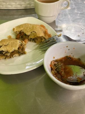 Pastel(delicious) with house salsa(A+++) at Tienda & Cocina Vegetariana in Medellin