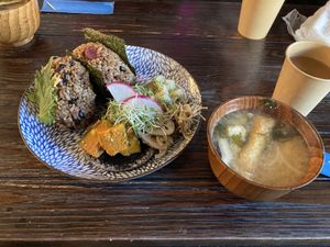 Musubi plate comes with miso soup  at Hakoo Cafe Me in Kamakura
