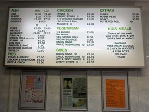 Full menu with vegan and veggie options  at Family Fish Bar in Norwich