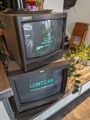 The logo displayed on old school monitors at Luntian in Auckland
