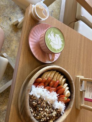 Hot matcha oat milk and açaí medium bowl  at Veganlicious, Vegan Smoothie Bowl and Juice in Seminyak