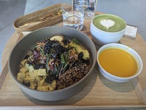Endomame noodles with potato salad, side soup, and matcha latte (almond milk) at Alchemy Tokyo -Azabudai Hills - アルケミー in Tokyo