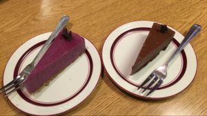 berry berry mango and chocolate cheesecake  at Portia's Cafe in Columbus