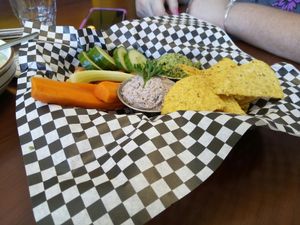 1/2 Sampler with: spinach-artichoke, notuna, chips, abd vegetables at Portia's Cafe in Columbus