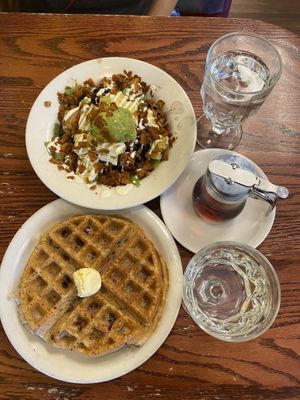 SO GOOD! Breakfast Bowl & Belgium Waffle  at Portia's Cafe in Columbus