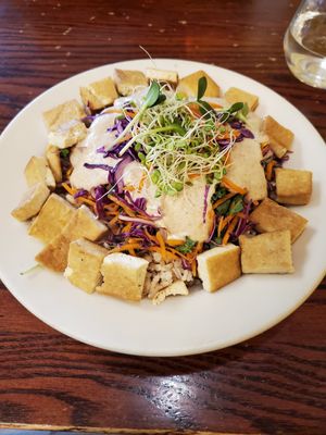 Pad Thai over rice with grilled tofu at Portia's Cafe in Columbus