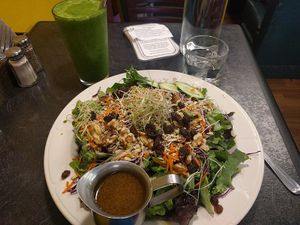Awesome veg salad (Garden of Eden) and green smoothie (Raw Clean Green) at Portia's Cafe in Columbus