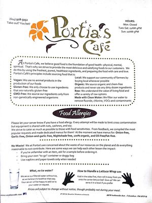 menu at Portia's Cafe in Columbus