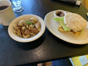 Garden Breakfast Muffin + Rosemary Herbed Home Fries at Portia's Cafe in Columbus