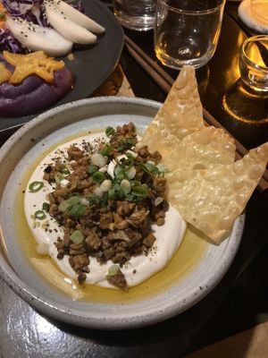 ‘Toffhumus’ with tempeh and mushroomms  at Lost In Baan in Luang Prabang