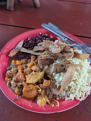 Soy meat, rice, beans at Comedor Pa' mi gente in Leon