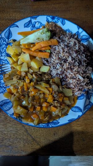 Rice and beans. Soya meat with veggies, potatoes and baked veggies at Comedor Pa' mi gente in Leon