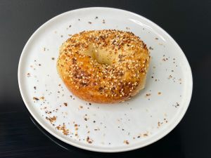 everything bagel (plated at home) at Bagel Oasis in Seattle